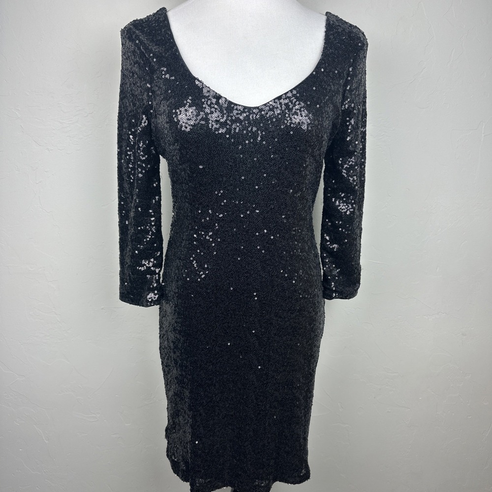 Crystal Doll Black Sequin Mini Dress Medium Open Back 3/4 Sleeve Cocktail Party